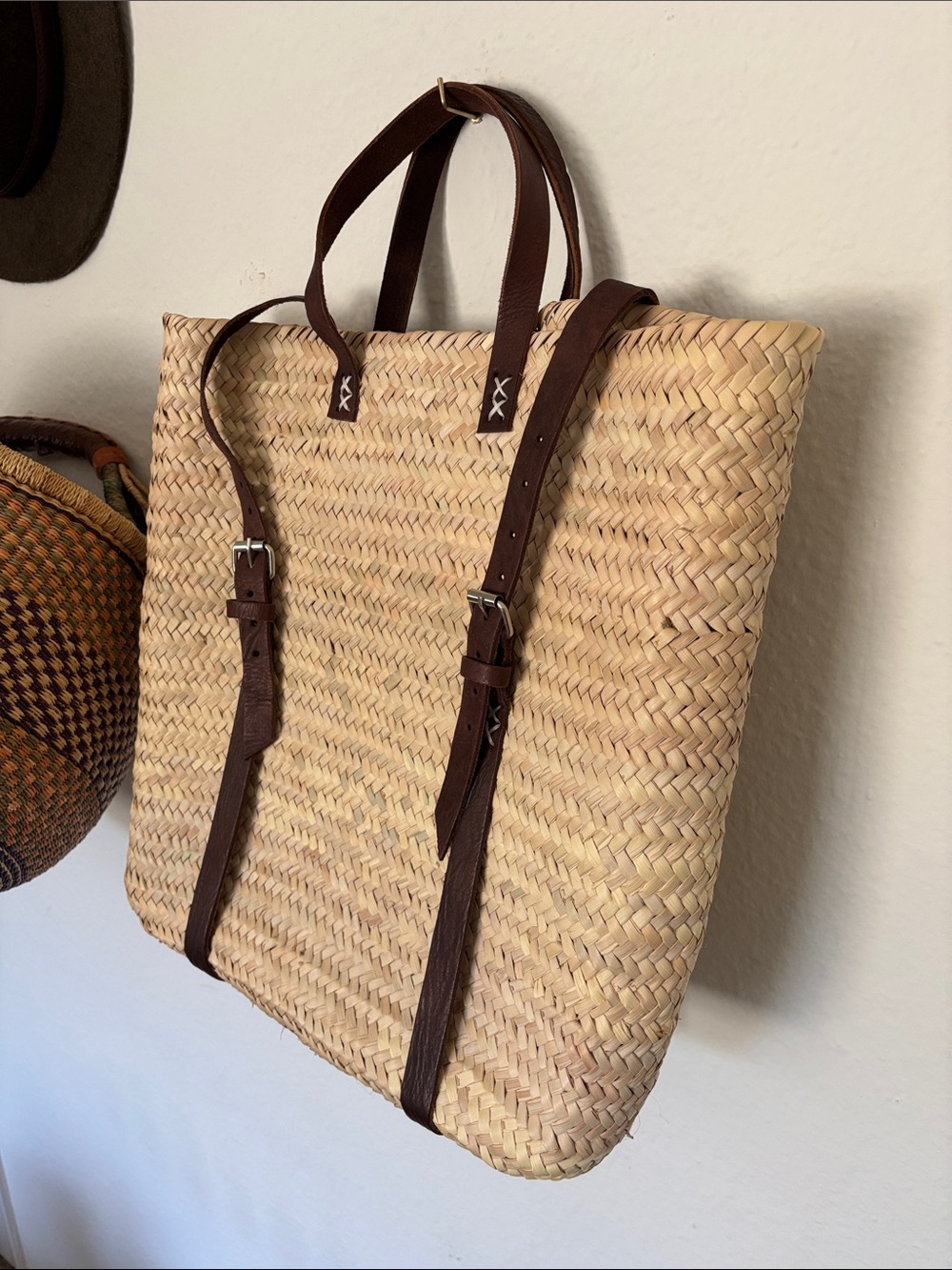 Natural Woven Backpack with Leather Straps - Picture 2 of 8